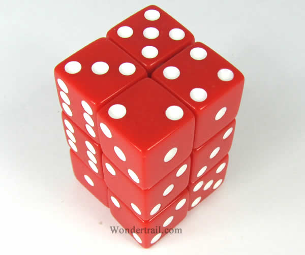 KOP08632 Red Opaque Dice with White Pips D6 16mm (5/8in) Pack of 12 (ONLINE ORDER ONLY)