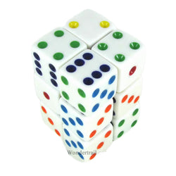 KOP08633 White Opaque Dice with Multi Color Pips D6 16mm (5/8in) Pack of 12 Dice Koplow Games (ONLINE ORDER ONLY)