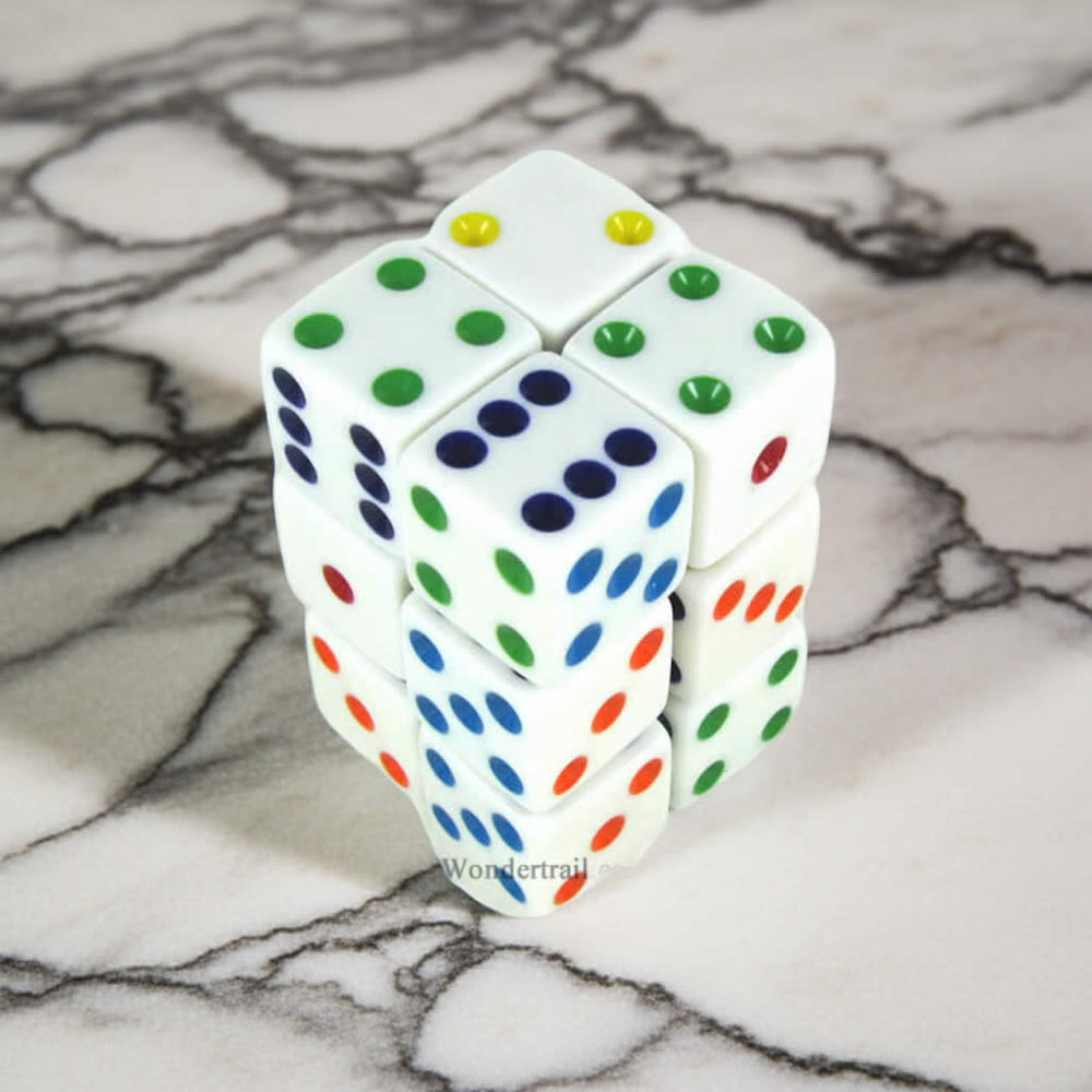 KOP08633 White Opaque Dice with Multi Color Pips D6 16mm (5/8in) Pack of 12 Dice Koplow Games (ONLINE ORDER ONLY)