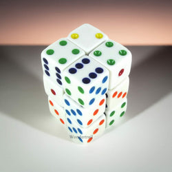 KOP08633 White Opaque Dice with Multi Color Pips D6 16mm (5/8in) Pack of 12 Dice Koplow Games (ONLINE ORDER ONLY)