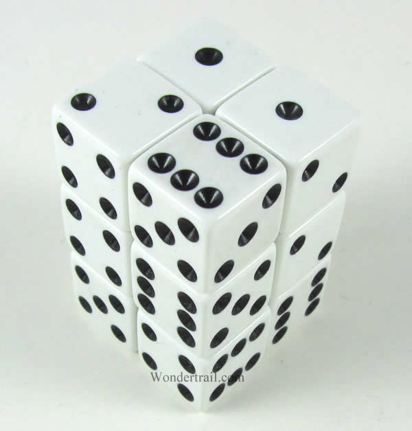 KOP08634 White Opaque Dice with Black Pips D6 16mm (5/8in) Pack of 12 (ONLINE ORDER ONLY)