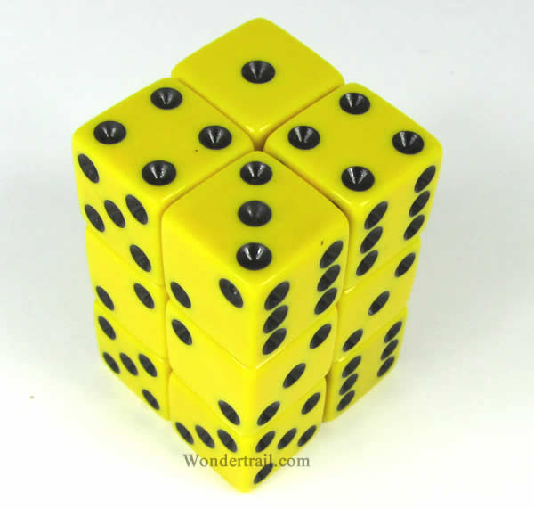 KOP08635 Yellow Opaque Dice with Black Pips D6 16mm (5/8in) Pack of 12 (ONLINE ORDER ONLY)