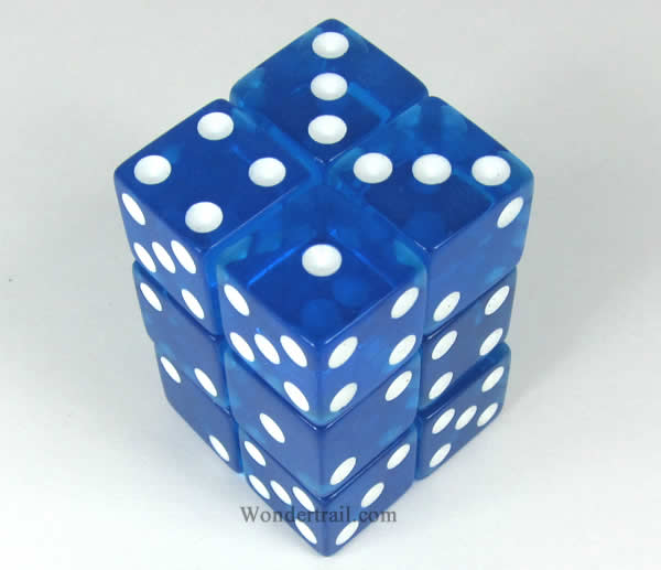 KOP08636 Blue Transparent Dice White Pips D6 16mm (5/8in) Pack of 12 (ONLINE ORDER ONLY)