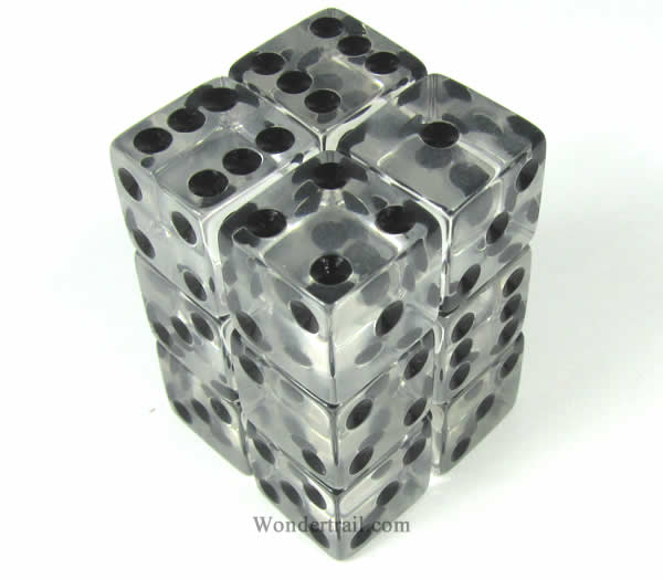 KOP08637 Clear Transparent Dice Black Pips D6 16mm (5/8in) Pack of 12 (ONLINE ORDER ONLY)