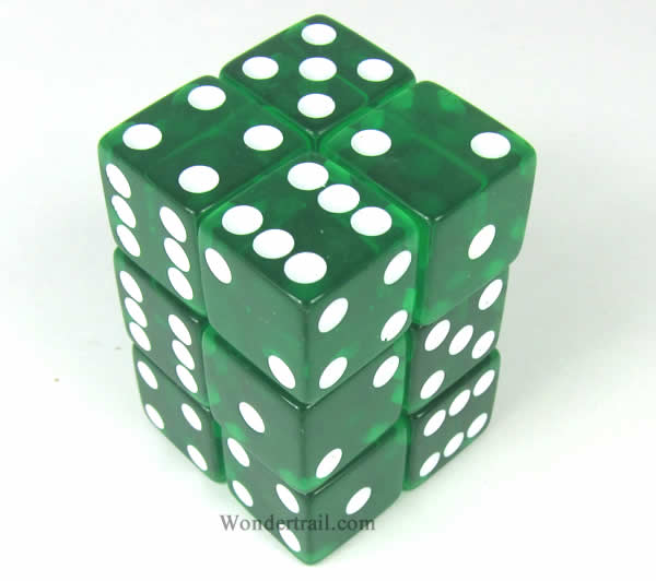 KOP08638 Green Transparent Dice White Pips D6 16mm (5/8in) Pack of 12 (ONLINE ORDER ONLY)