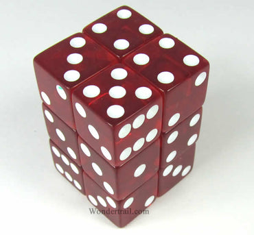 KOP08640 Red Transparent Dice with White Pips D6 16mm (5/8in) Pack of 12 (ONLINE ORDER ONLY)
