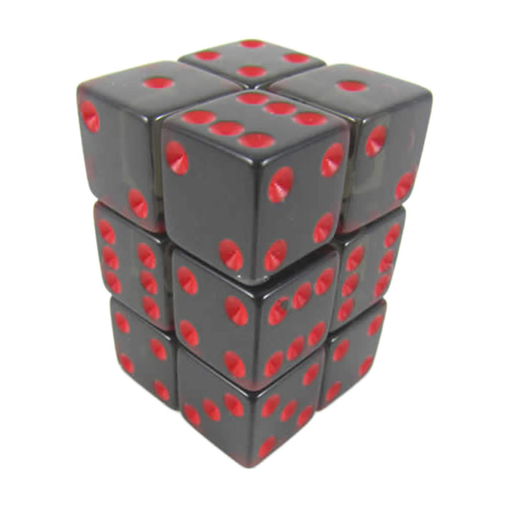 KOP08641 Smoke Transparent Dice Red Pips D6 16mm (5/8in) Pack of 12 (ONLINE ORDER ONLY)