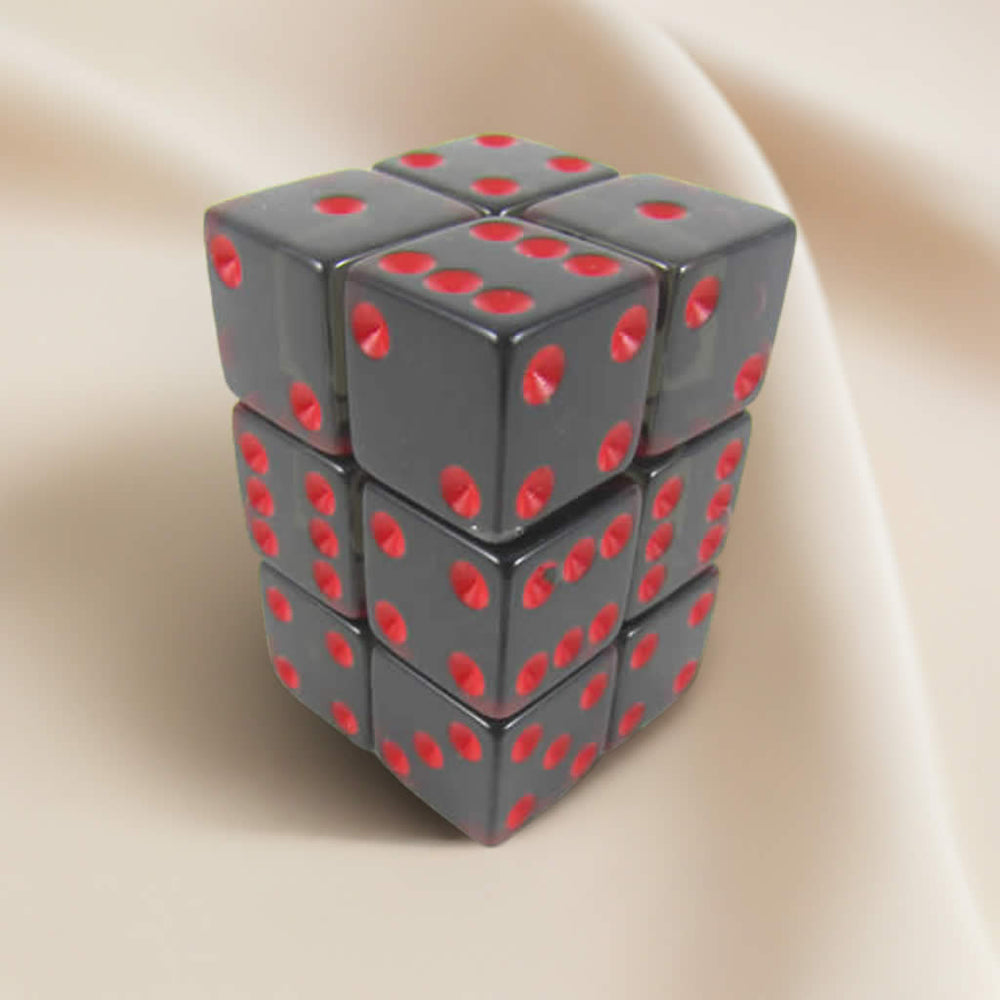 KOP08641 Smoke Transparent Dice Red Pips D6 16mm (5/8in) Pack of 12 (ONLINE ORDER ONLY)