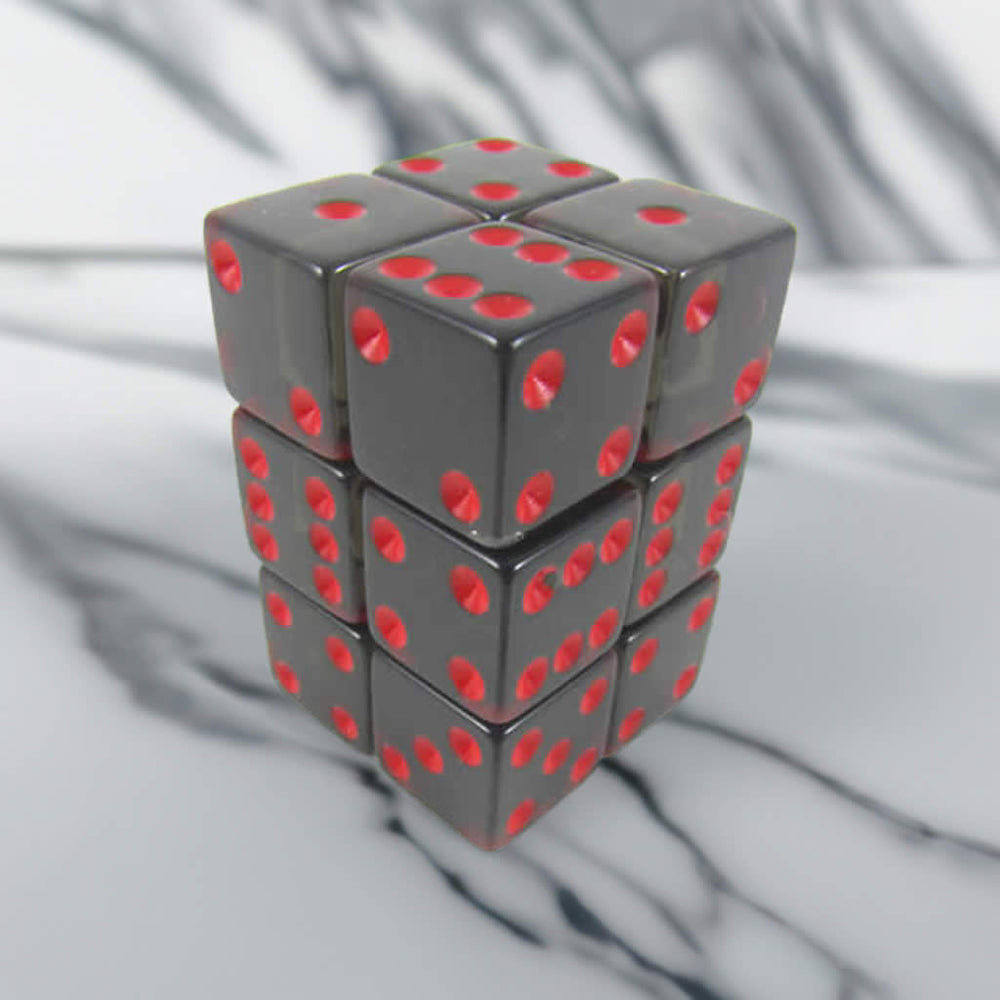 KOP08641 Smoke Transparent Dice Red Pips D6 16mm (5/8in) Pack of 12 (ONLINE ORDER ONLY)