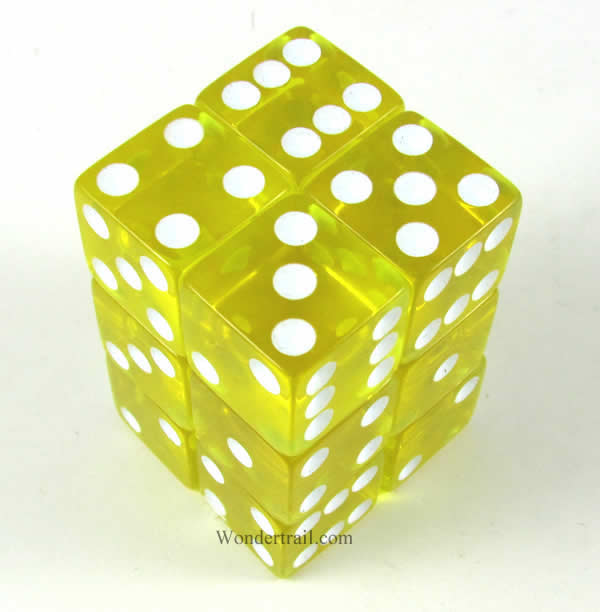 KOP08642 Yellow Transparent Dice White Pips D6 16mm (5/8in) Pack of 12 (ONLINE ORDER ONLY)