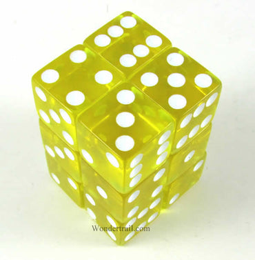 KOP08642 Yellow Transparent Dice White Pips D6 16mm (5/8in) Pack of 12 (ONLINE ORDER ONLY)
