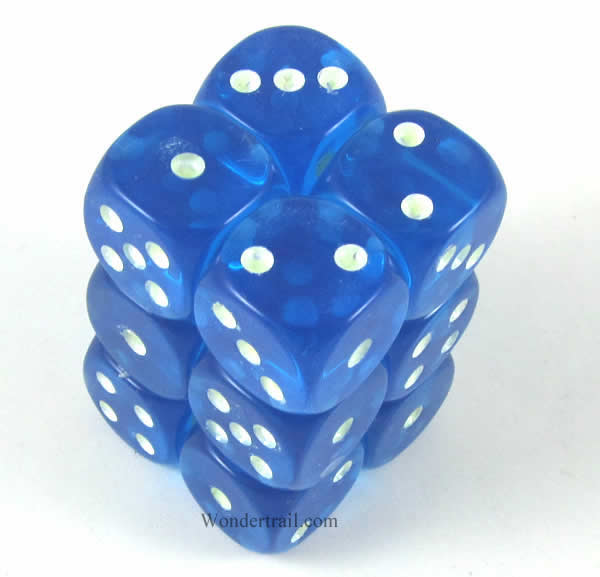 KOP08645 Blue Transparent Dice Glow in the Dark Pips D6 16mm Pack of 12 (ONLINE ORDER ONLY)