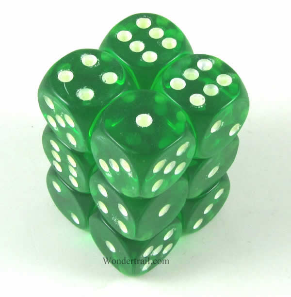 KOP08646 Green Transparent Dice with Glow in the Dark Pips D6 16mm (5/8in) Pack of 12 Dice Koplow Games (ONLINE ORDER ONLY)