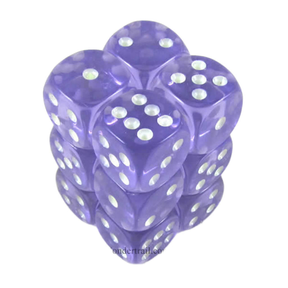 KOP08647 Purple Transparent Dice with Glow in the Dark Pips D6 16mm (5/8in) Pack of 12 Dice (ONLINE ORDER ONLY)