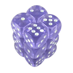 KOP08647 Purple Transparent Dice with Glow in the Dark Pips D6 16mm (5/8in) Pack of 12 Dice (ONLINE ORDER ONLY)