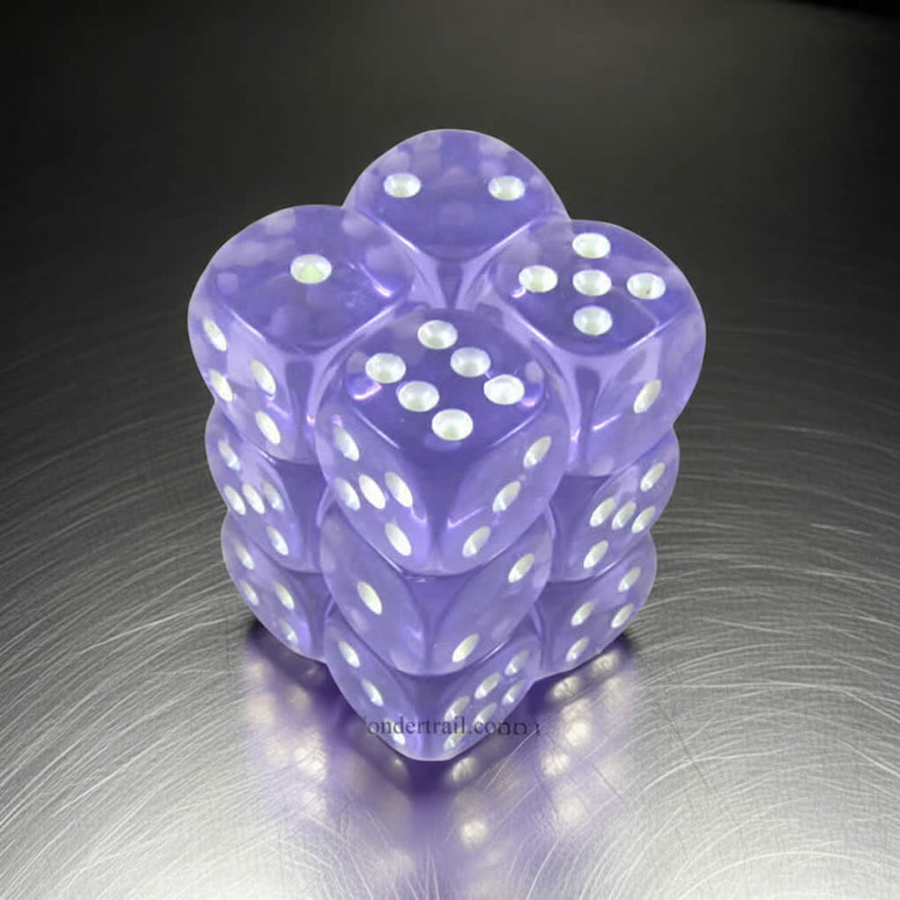 KOP08647 Purple Transparent Dice with Glow in the Dark Pips D6 16mm (5/8in) Pack of 12 Dice (ONLINE ORDER ONLY)