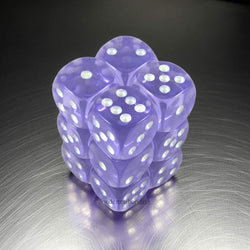 KOP08647 Purple Transparent Dice with Glow in the Dark Pips D6 16mm (5/8in) Pack of 12 Dice (ONLINE ORDER ONLY)