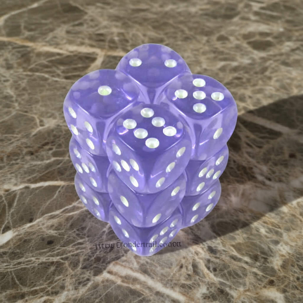KOP08647 Purple Transparent Dice with Glow in the Dark Pips D6 16mm (5/8in) Pack of 12 Dice (ONLINE ORDER ONLY)