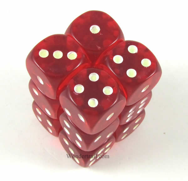 KOP08648 Red Transparent Dice Glow in the Dark Pips D6 16mm Pack of 12 (ONLINE ORDER ONLY)