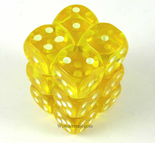 KOP08649 Yellow Transparent Dice Glow in the Dark Pips D6 16mm Pack of 12 (ONLINE ORDER ONLY)