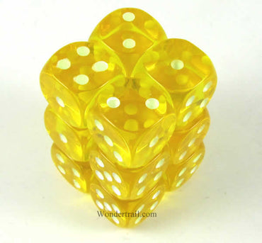 KOP08649 Yellow Transparent Dice Glow in the Dark Pips D6 16mm Pack of 12 (ONLINE ORDER ONLY)