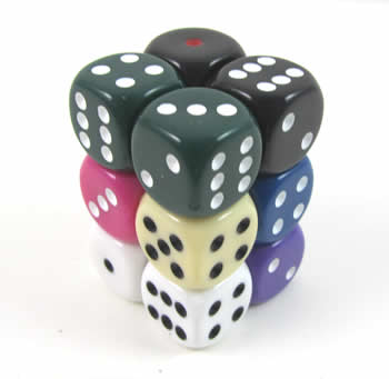 KOP08749 Assorted Opaque Deluxe Dice Pips D6 16mm (5/8in) Pack of 12 (ONLINE ORDER ONLY)