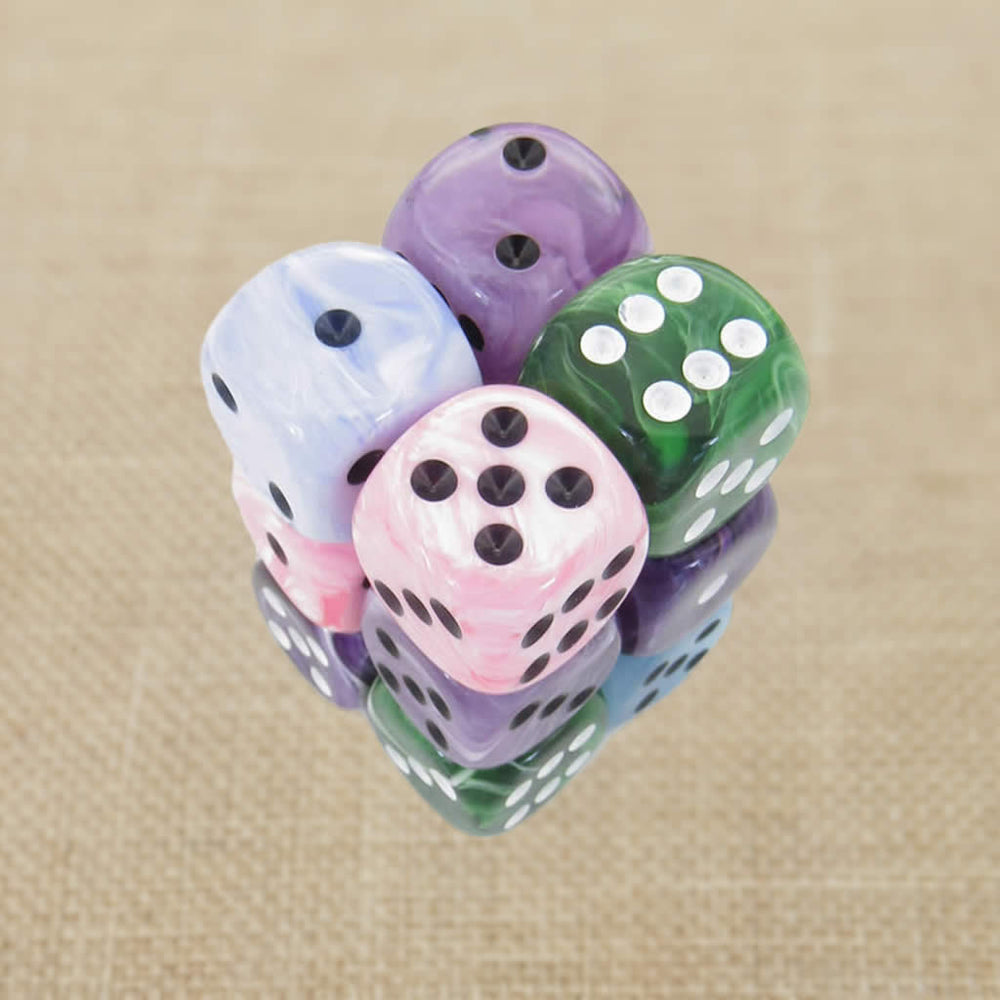 KOP08750 Assorted Swirl Deluxe Dice Pips D6 16mm (5/8in) Pack of 12 (ONLINE ORDER ONLY)