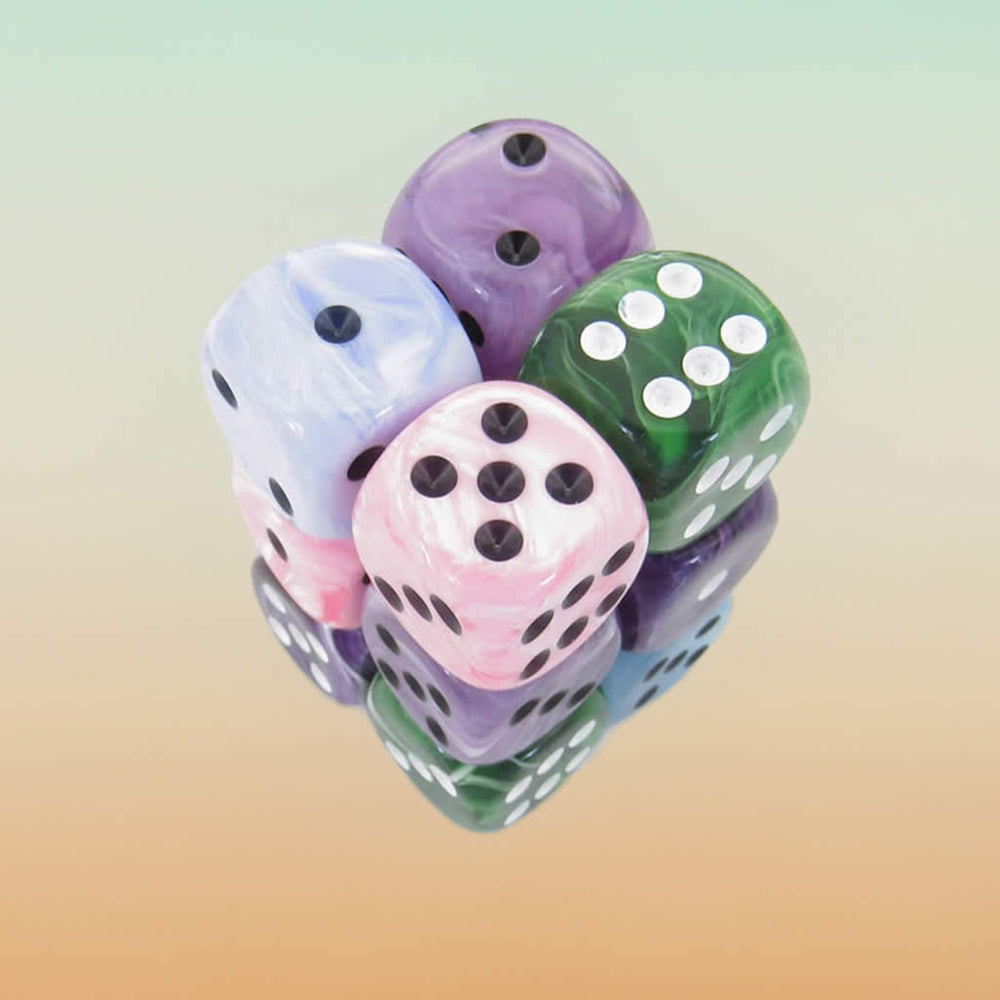 KOP08750 Assorted Swirl Deluxe Dice Pips D6 16mm (5/8in) Pack of 12 (ONLINE ORDER ONLY)