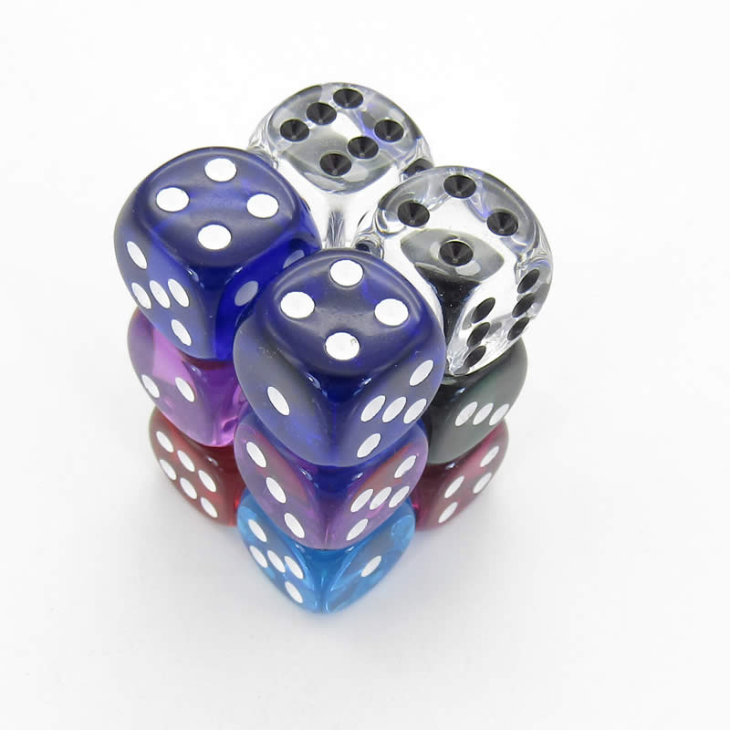 KOP08751 Assorted Transparent Deluxe Dice Pips D6 16mm Pack of 12 (ONLINE ORDER ONLY)