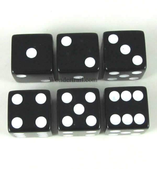 KOP08969 Black Opaque Dice with White Pips D6 16mm (5/8in) Pack of 6 (ONLINE ORDER ONLY)