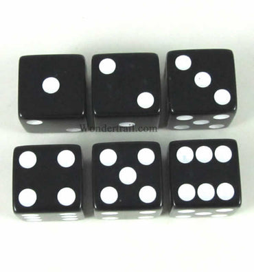 KOP08969 Black Opaque Dice with White Pips D6 16mm (5/8in) Pack of 6 (ONLINE ORDER ONLY)