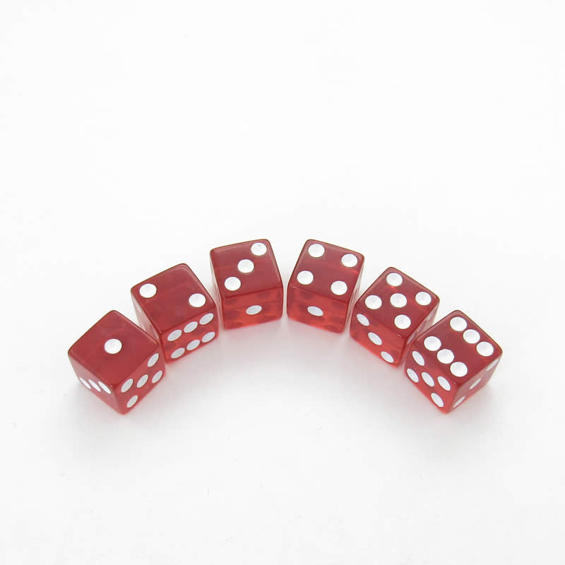 KOP08971 Red Translucent Dice with White Pips D6 16mm (5/8in) Pack of 6 (ONLINE ORDER ONLY)