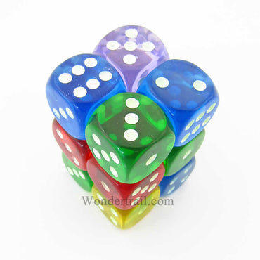 KOP09203 Assorted Transparent Dice Glow in Dark Pips D6 16mm Pack of 12 (ONLINE ORDER ONLY)