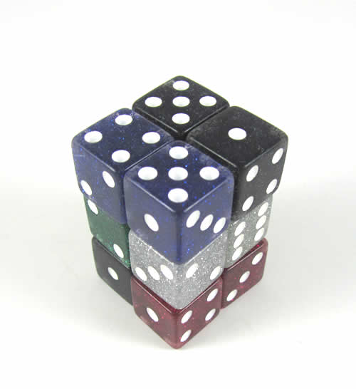 KOP09205 Assorted Glitter Dice with White Pips D6 16mm (5/8in) Pack of 12 (ONLINE ORDER ONLY)