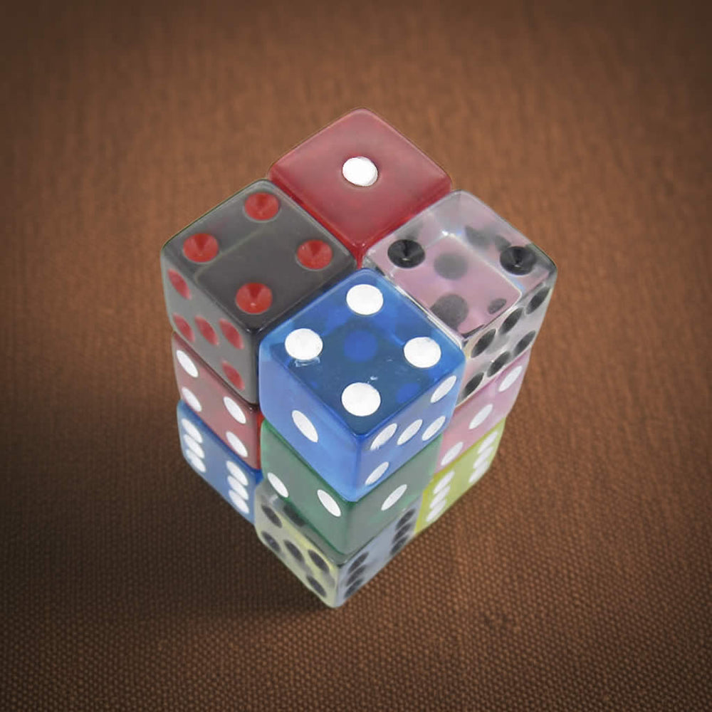 KOP09207 Assorted Transparent Dice with Pips D6 16mm (5/8in) Pack of 12 Dice Koplow Games (ONLINE ORDER ONLY)