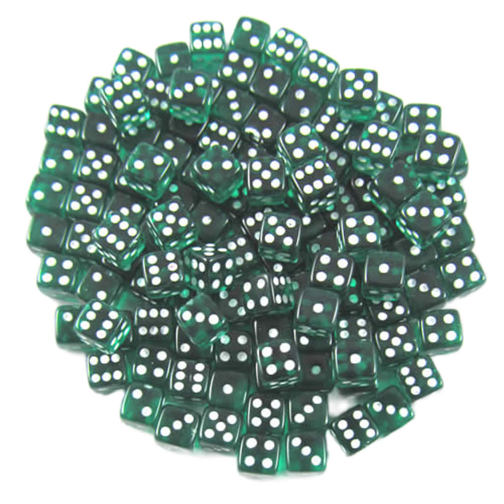 KOP09701 Emerald Transparent Dice White Pips D6 5mm Bulk Pack of 250 (ONLINE ORDER ONLY)
