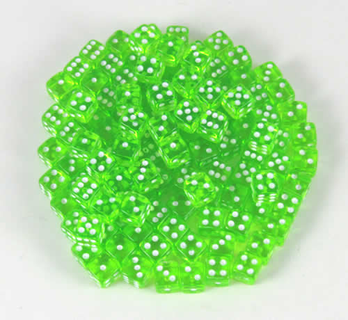 KOP09702 Light Green Transparent Dice White Pips D6 5mm Bulk Pack of 250 (ONLINE ORDER ONLY)
