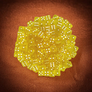 KOP09703 Yellow Transparent Dice with White Pips D6 5mm (13/64in) Bulk Pack of 250 Dice (ONLINE ORDER ONLY)