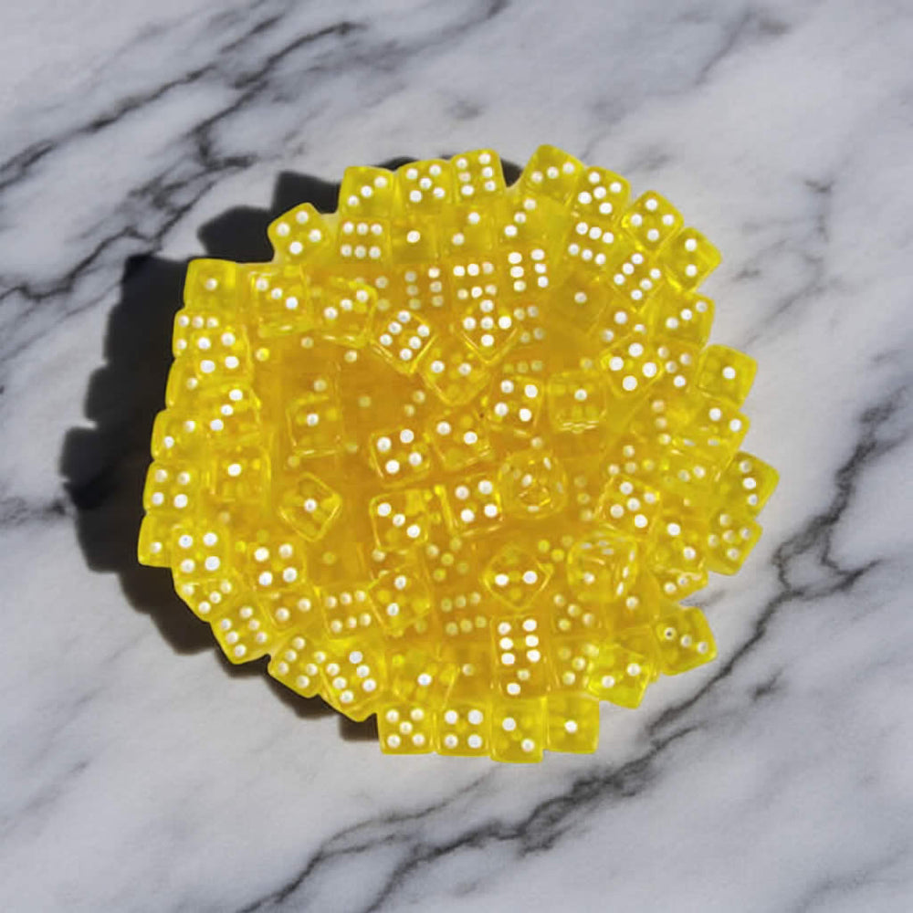 KOP09703 Yellow Transparent Dice with White Pips D6 5mm (13/64in) Bulk Pack of 250 Dice (ONLINE ORDER ONLY)