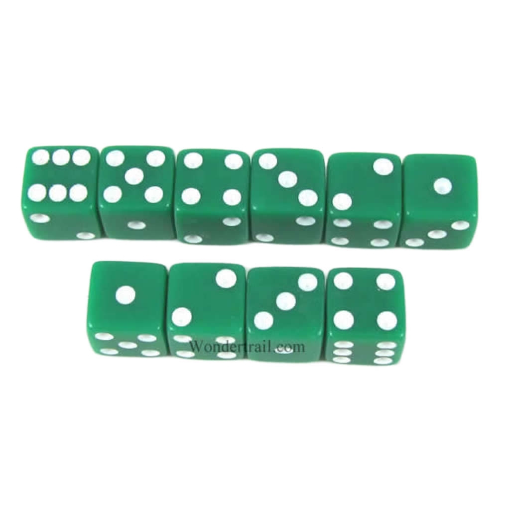 KOP09873 Green Opaque Dice with White Pips D6 8mm (5/16in) Pack of 10 Dice (ONLINE ORDER ONLY)