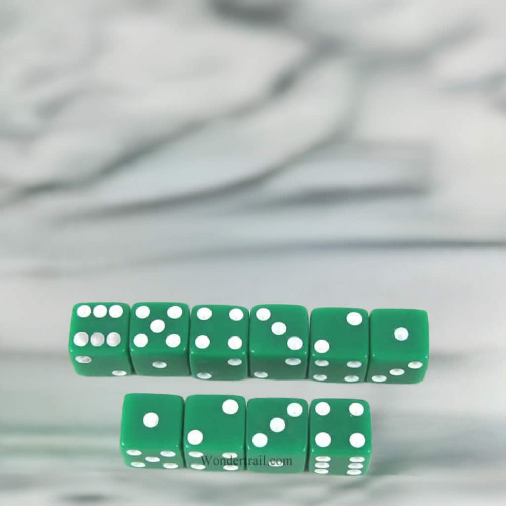 KOP09873 Green Opaque Dice with White Pips D6 8mm (5/16in) Pack of 10 Dice (ONLINE ORDER ONLY)