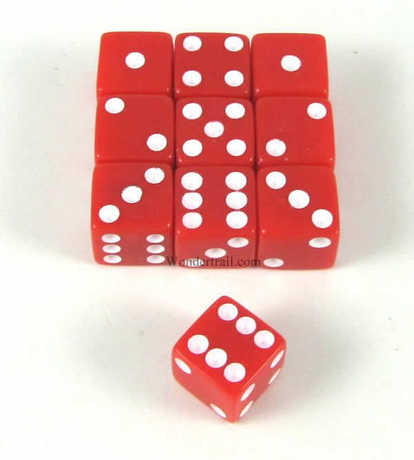 KOP09874 Red Opaque Dice with White Pips D6 8mm (5/16in) Pack of 10 (ONLINE ORDER ONLY)