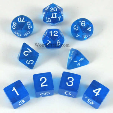 KOP09948 Blue Transparent Dice White Numbers 16mm (5/8in) Set of 10 (ONLINE ORDER ONLY)