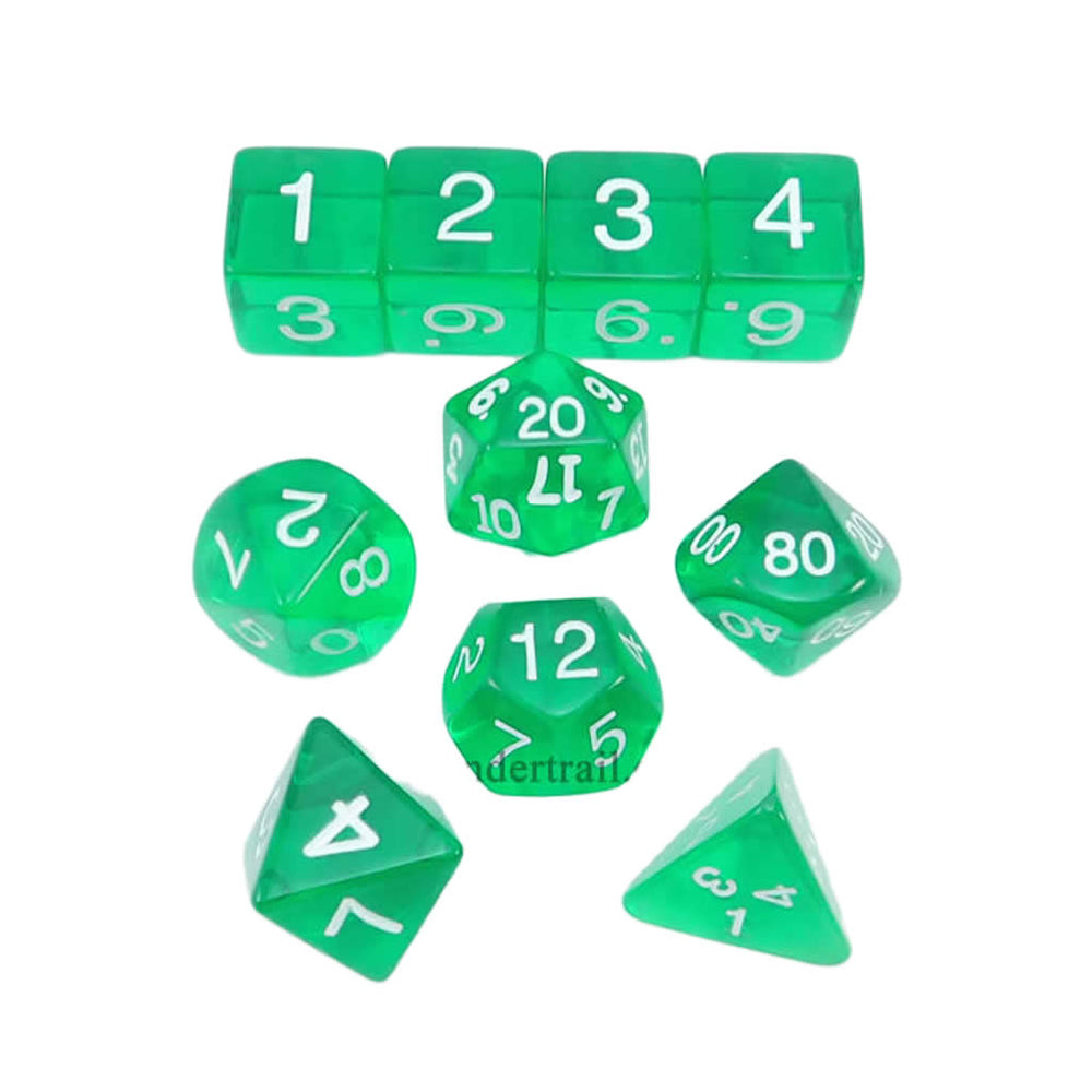KOP09950 Green Transparent Dice with White Numbers 16mm (5/8in) Set of 10 Dice (ONLINE ORDER ONLY)