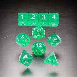 KOP09950 Green Transparent Dice with White Numbers 16mm (5/8in) Set of 10 Dice (ONLINE ORDER ONLY)