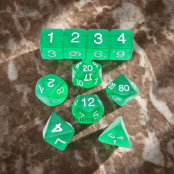 KOP09950 Green Transparent Dice with White Numbers 16mm (5/8in) Set of 10 Dice (ONLINE ORDER ONLY)