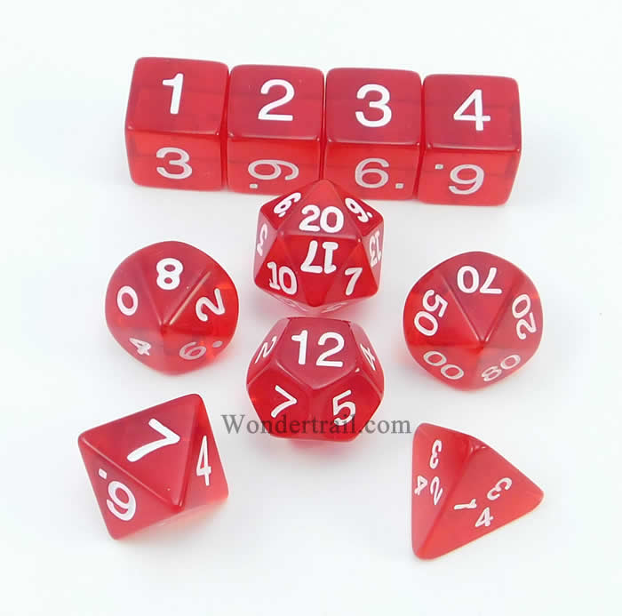 KOP09953 Red Transparent Dice with White Numbers 16mm (5/8in) Set of 10 (ONLINE ORDER ONLY)