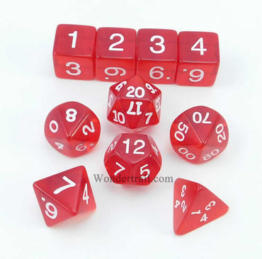 KOP09953 Red Transparent Dice with White Numbers 16mm (5/8in) Set of 10 (ONLINE ORDER ONLY)