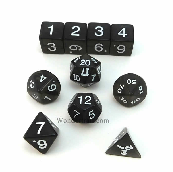 KOP09954 Smoke Transparent Dice White Numbers 16mm (5/8in) Set of 10 (ONLINE ORDER ONLY)