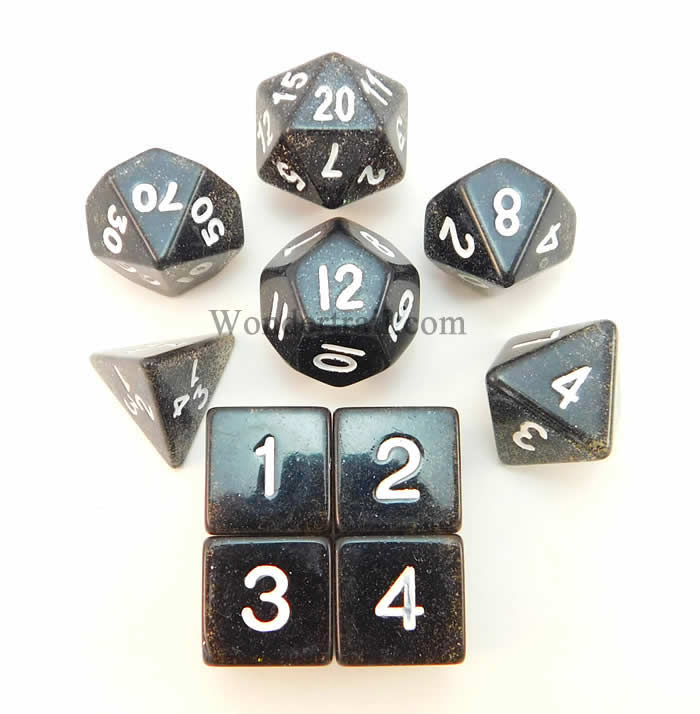 KOP10024 Black Glitter Dice with White Numbers 16mm (5/8in) Set of 10 (ONLINE ORDER ONLY)